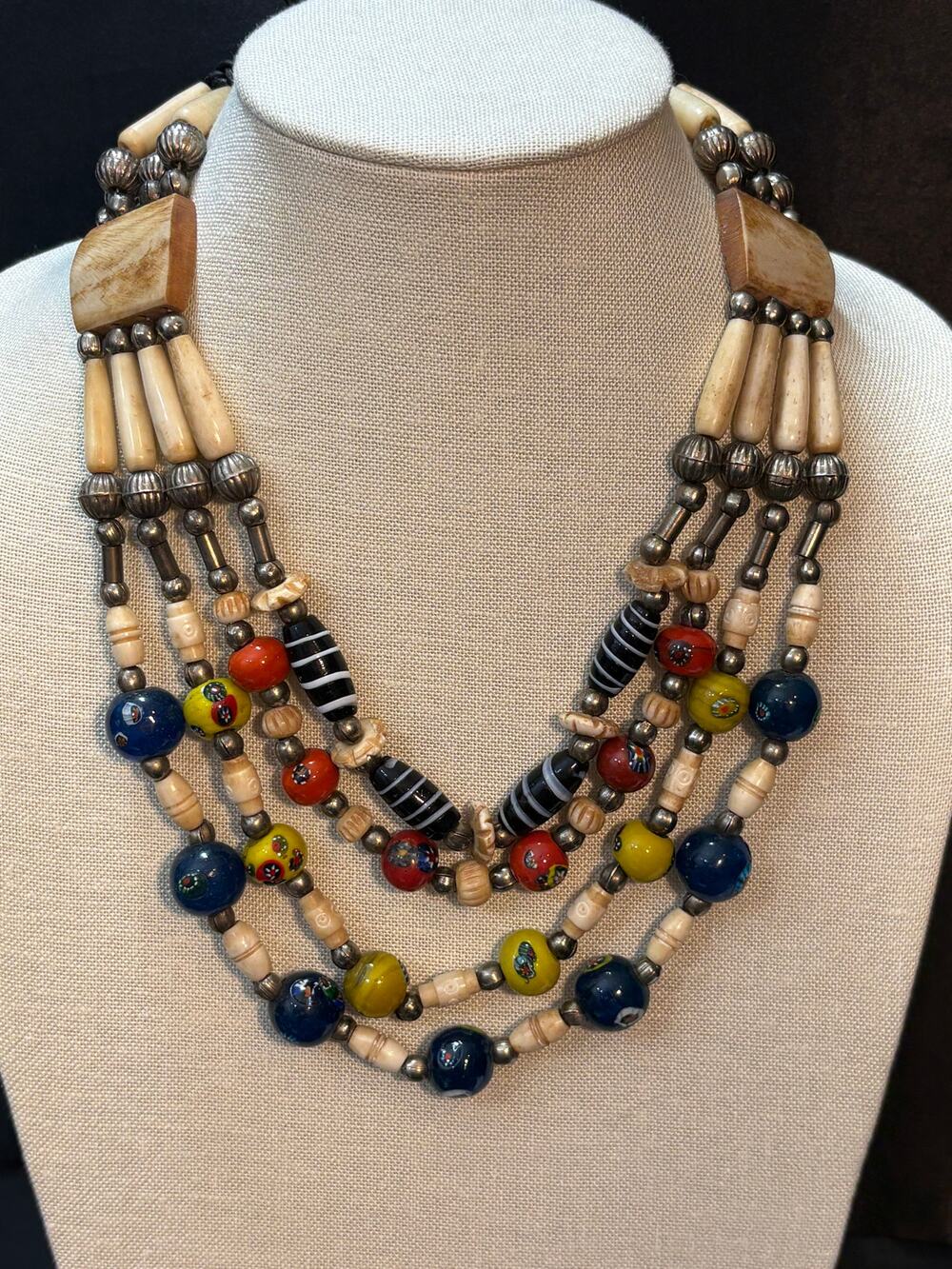 Multi-Strand Tribal Trade Bead Necklace with Bone & Glass Beads